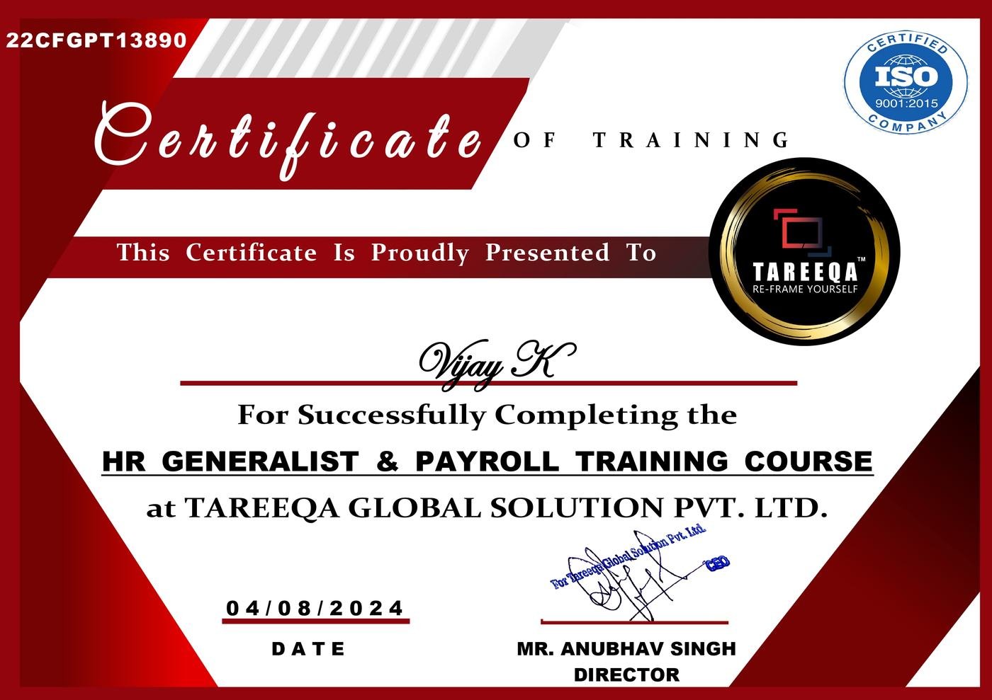 HR Generalist and Payroll Training Course certificate